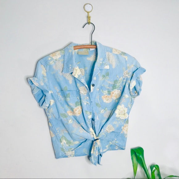 Vintage Tops - VTG 90’s Floral Chambray Crop Button Up Popover